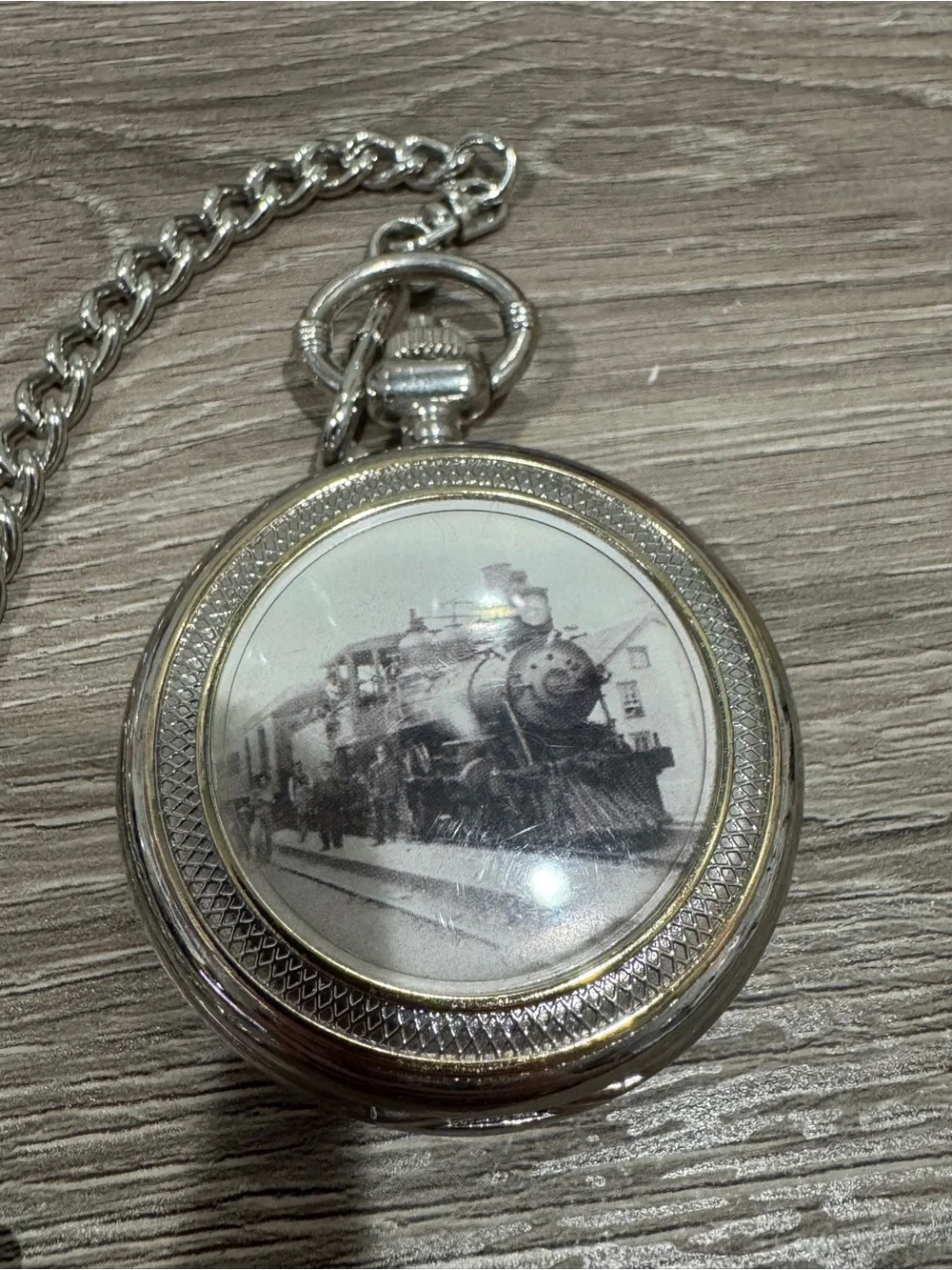 Silver Pocket Watch with Train Motif and Chain - Men Accessories
